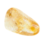 Photographie d’une pierre de citrine jaune doré, lumineuse et translucide, aux reflets solaires chauds, posée sur un fond clair. Symbole de joie, d’abondance et d’énergie positive.