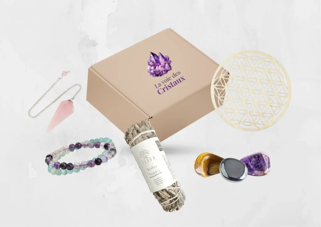 Box sur mesure lithothérapie kit bracelet, pierre, fleur de vie, pendule, sauge