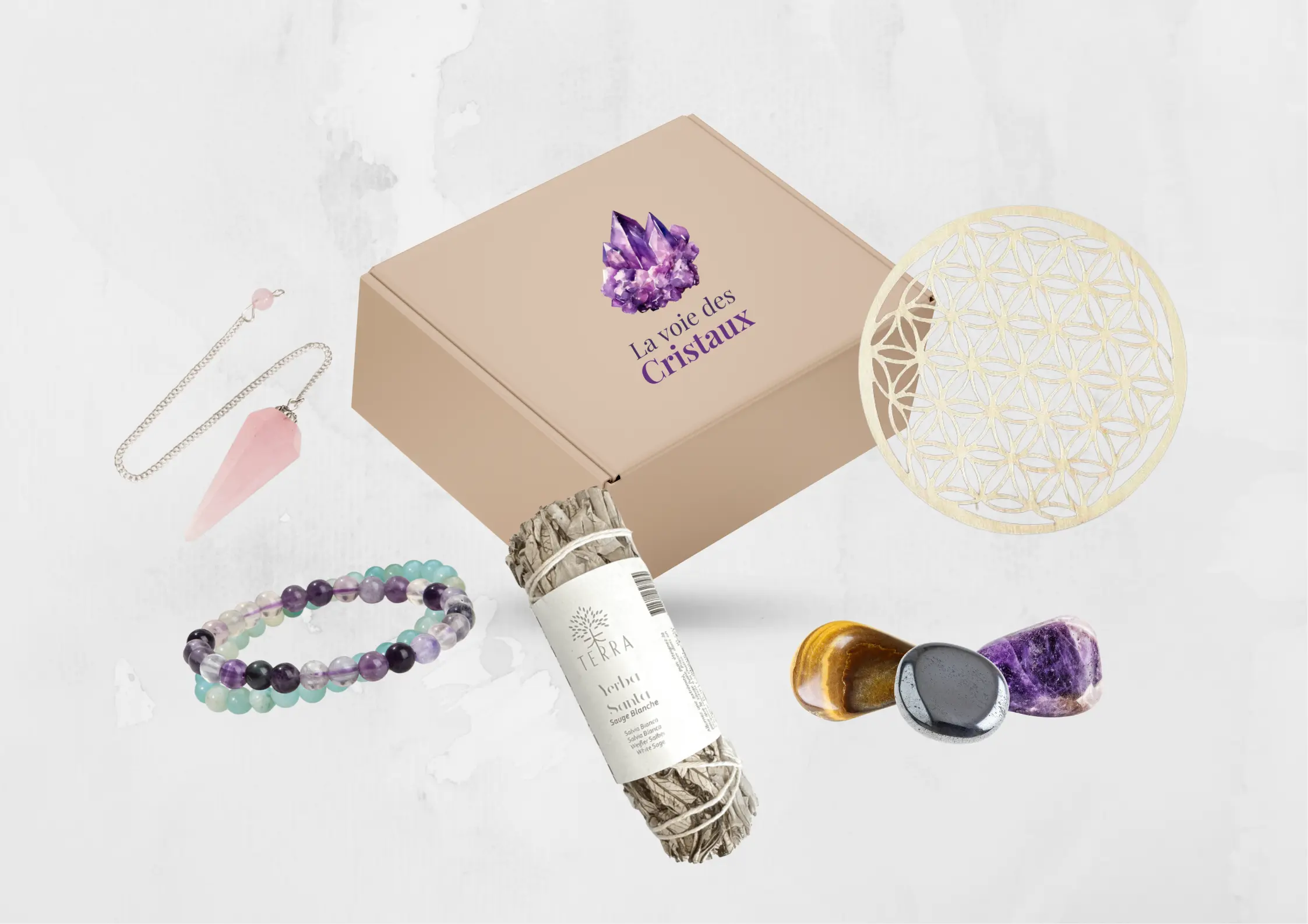 Box sur mesure lithothérapie kit bracelet, pierre, fleur de vie, pendule, sauge