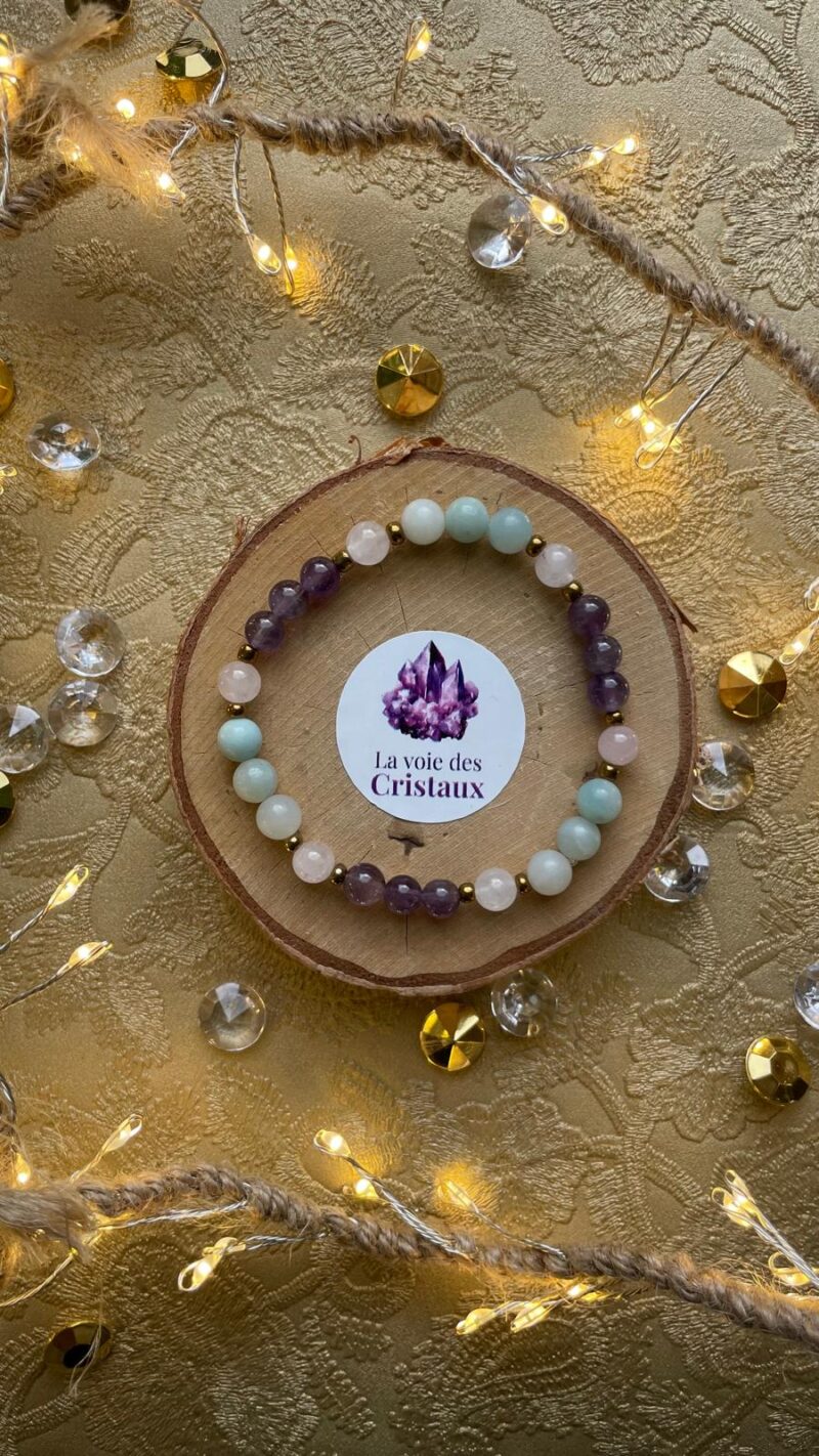 bracelet fête des mères, amazonite, quartz rose, améthyste
