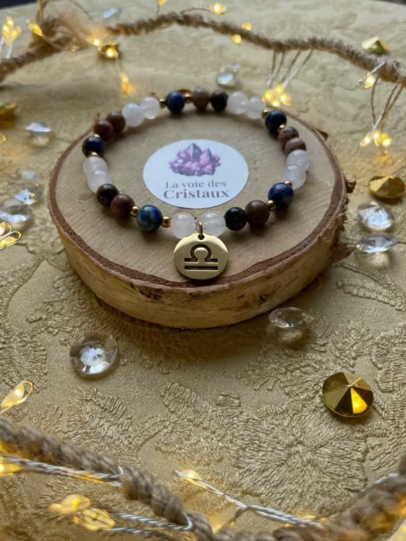Bracelet signe astrologique Balance avec perles dorées et breloque astrologique