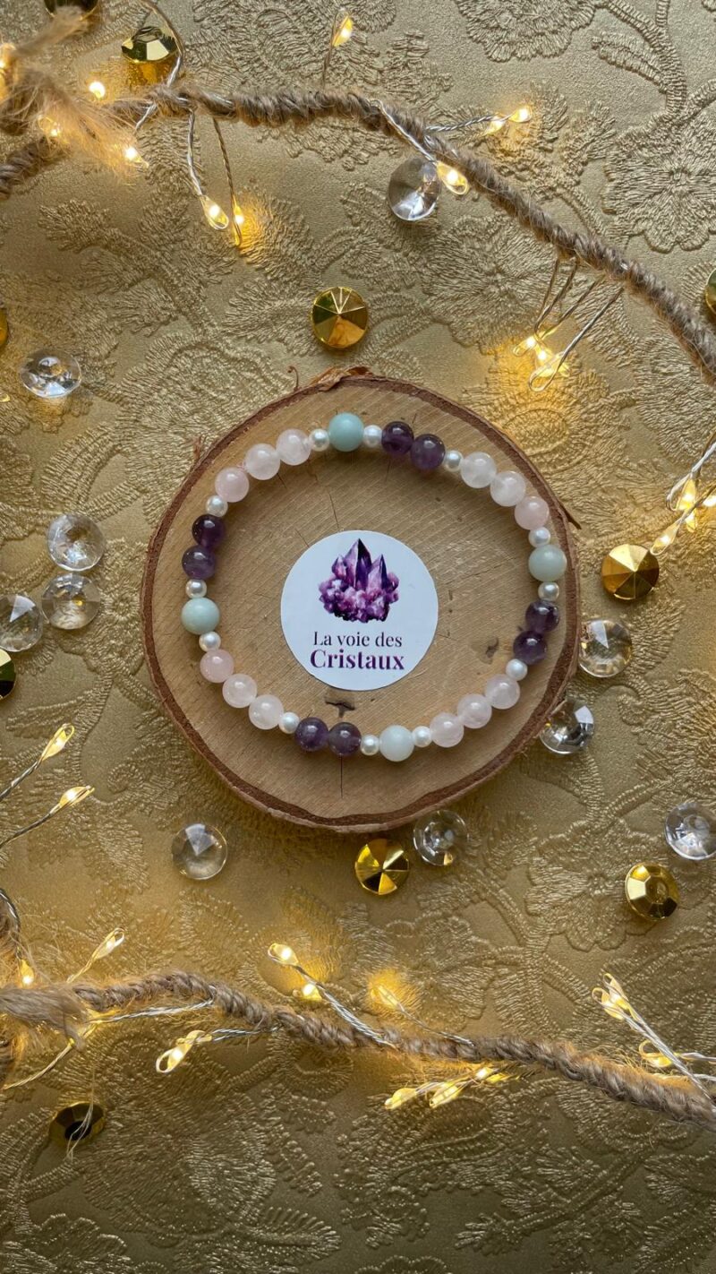 bracelet fête des mères, amazonite, quartz rose, améthyste