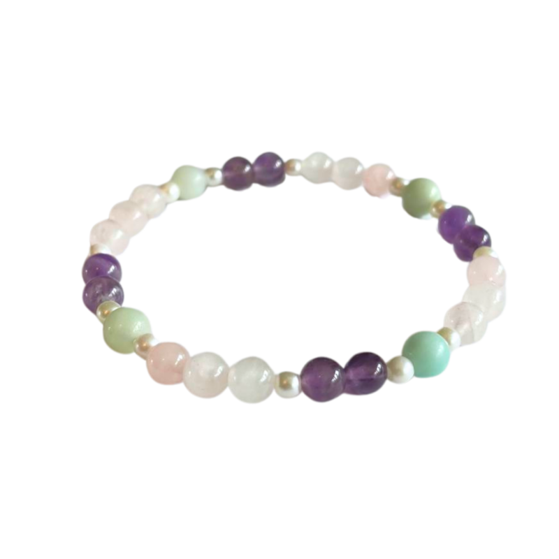 bracelet fête des mères, amazonite, quartz rose, améthyste