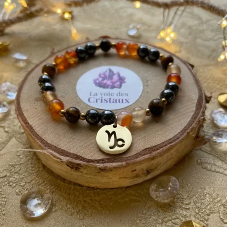 Breloque signe Capricorne sur bracelet astrologique en pierres naturelles