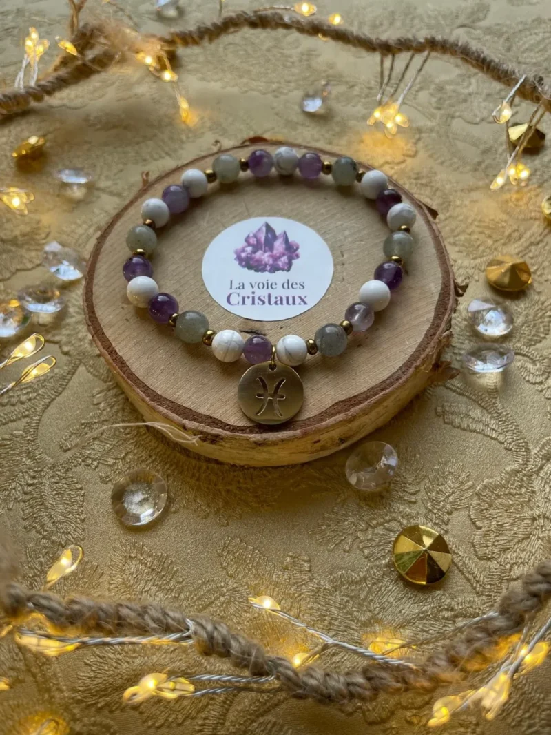 Bracelet signe astrologique Poissons avec perles dorées et breloque astrologique