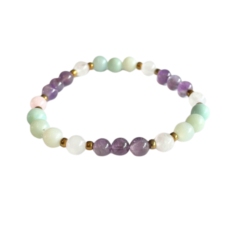 bracelet fête des mères, amazonite, quartz rose, améthyste