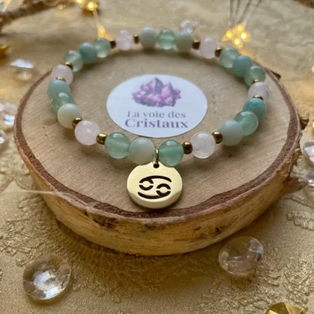 Bracelet signe astrologique Cancer avec perles dorées et breloque astrologique