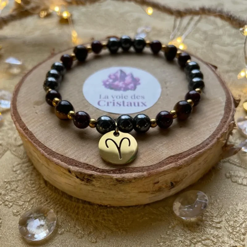 Breloque signe Bélier sur bracelet astrologique en pierres naturelles