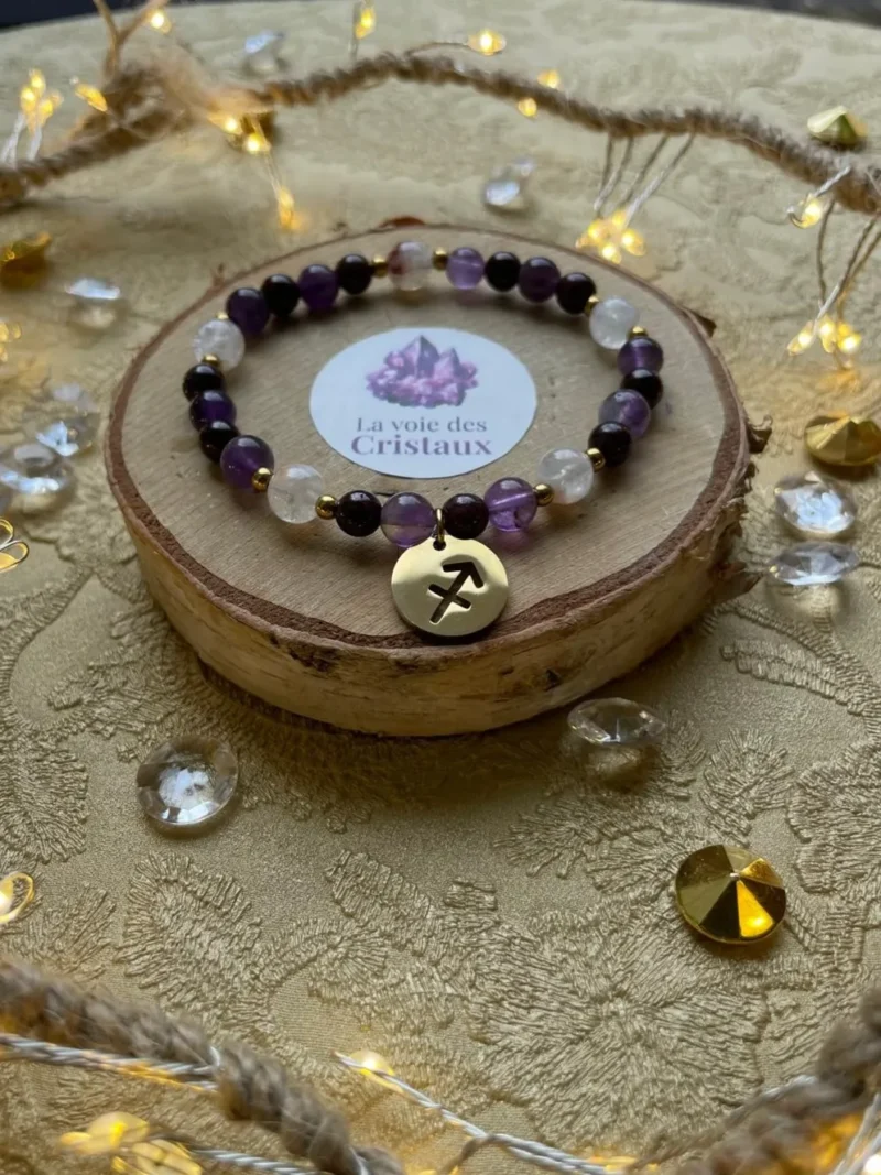 Bracelet signe astrologique Sagittaire avec perles dorées et breloque astrologique