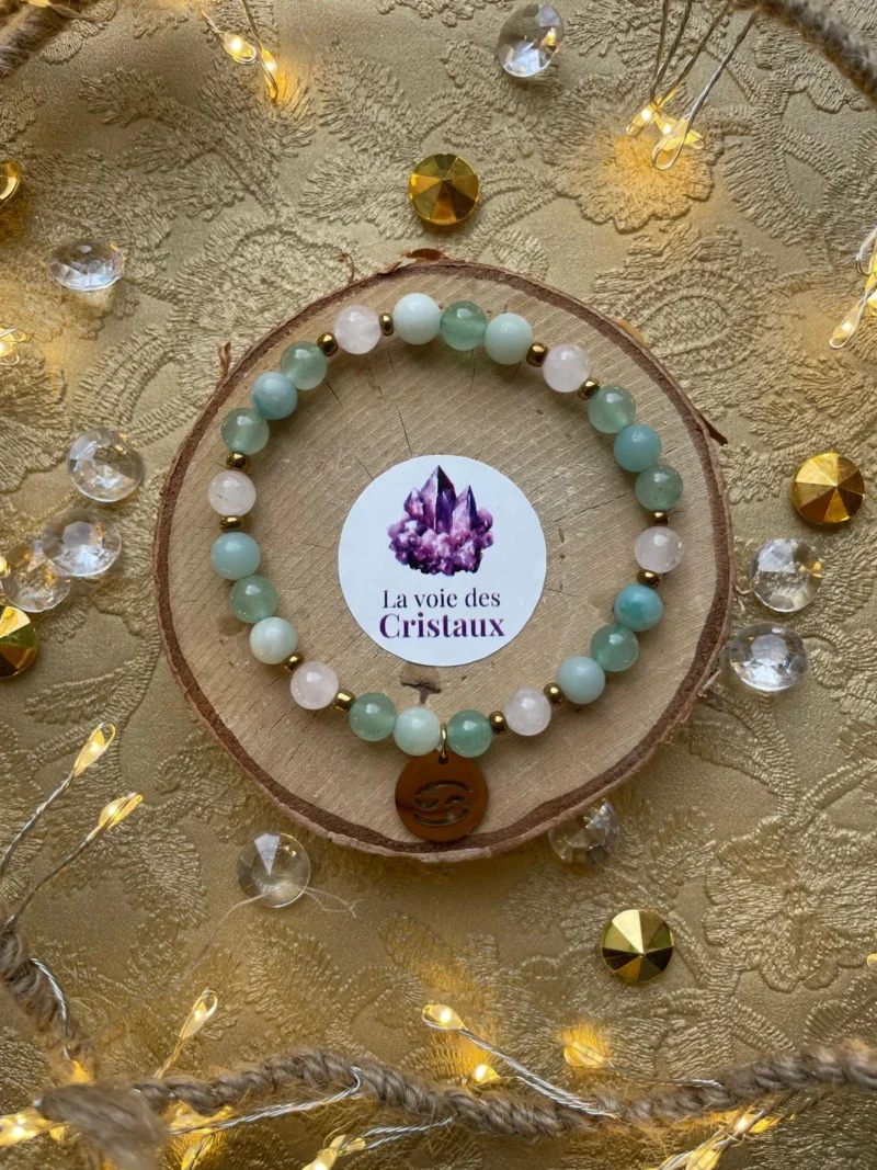 Bracelet Cancer quartz rose aventurine verte amazonite vue du dessus