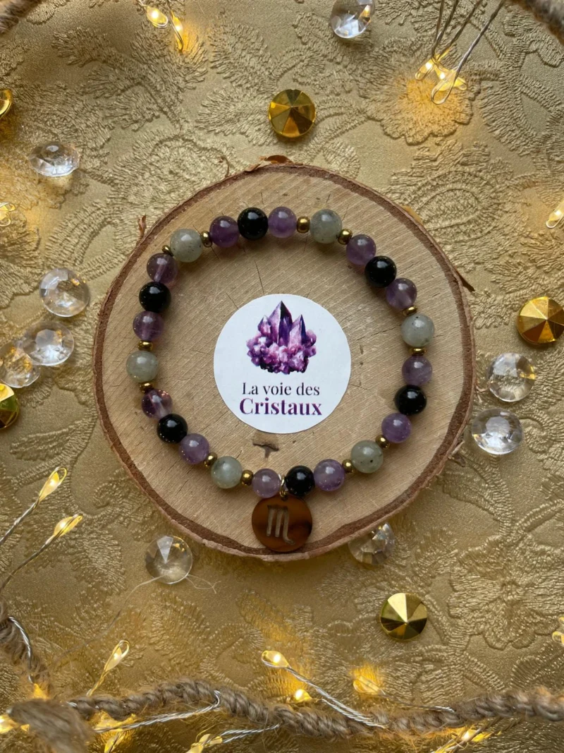 Bracelet Scorpion améthyste obsidienne labradorite vue du dessus