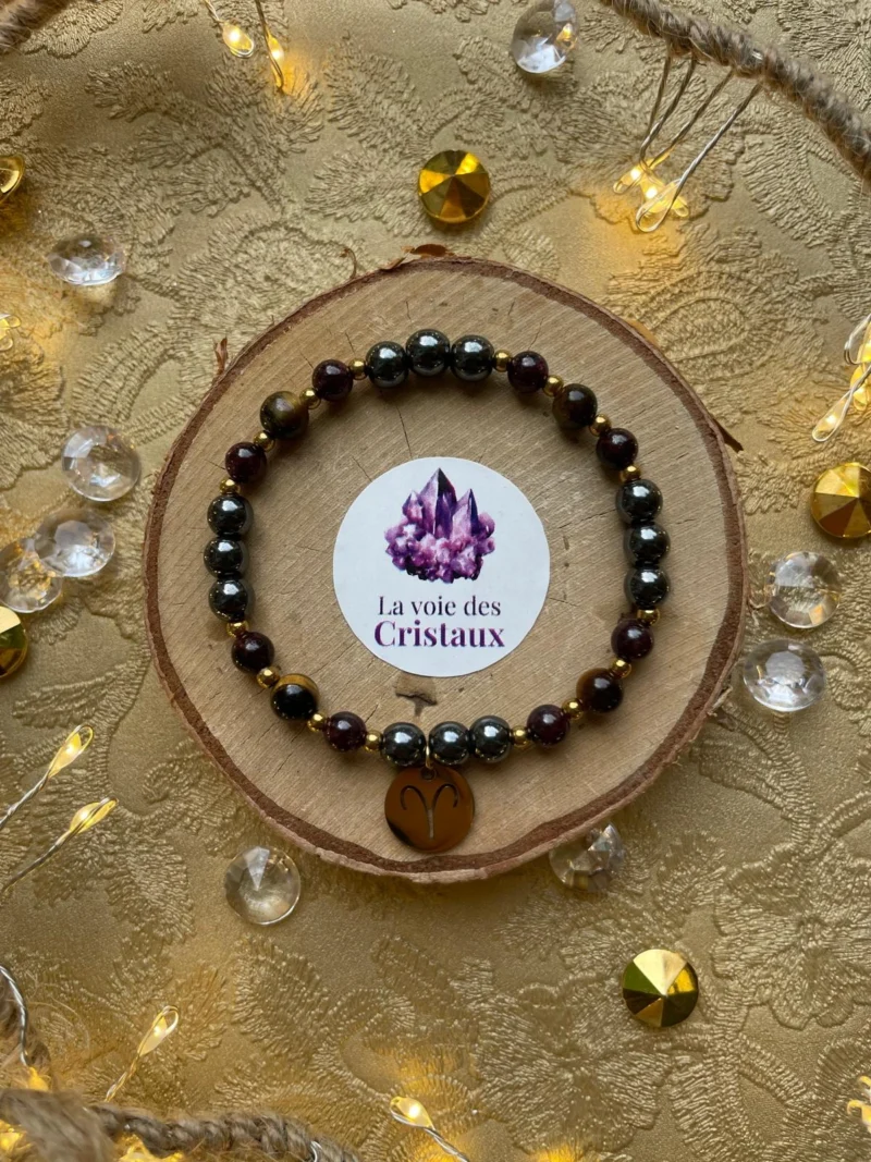 Bracelet Bélier hématite œil de tigre grenat vue du dessus