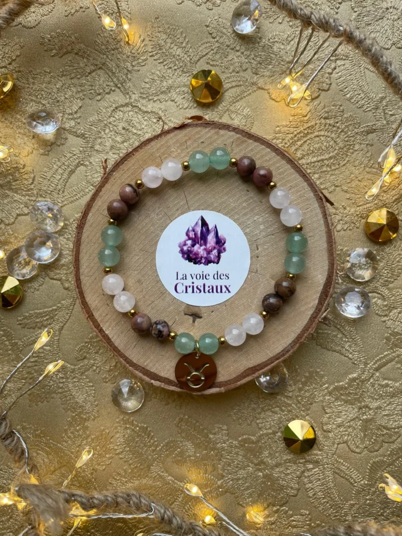 Bracelet Taureau aventurine quartz rose rhodonite vue du dessus