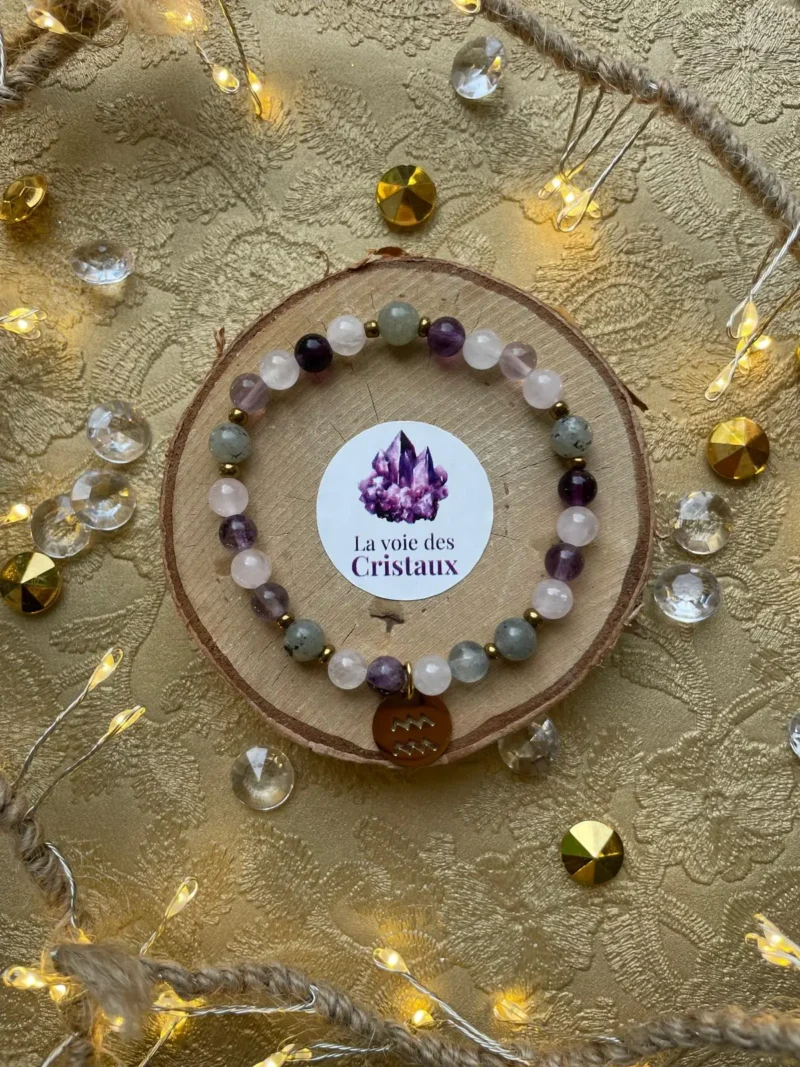 Bracelet Verseau labradorite quartz rose fluorite vue du dessus